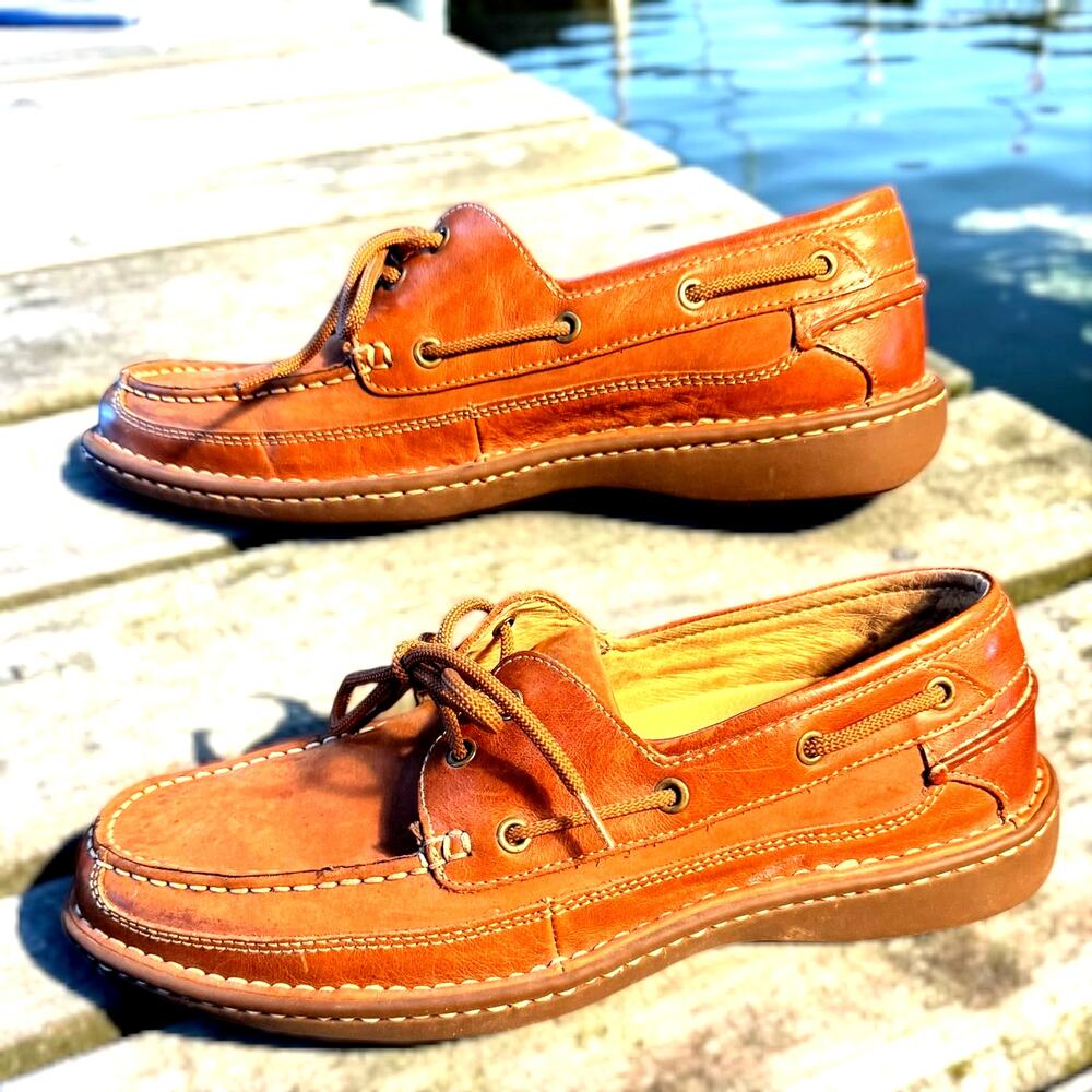 Men's 11 FLORSHEIM Moc Toe Brown Leather Boat Shoes Comfortech DM2 Footbed